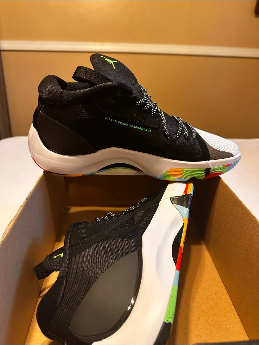 Jordan Men's Black Sneakers with White Toe and Rainbow Midsole Accent Box No Lid